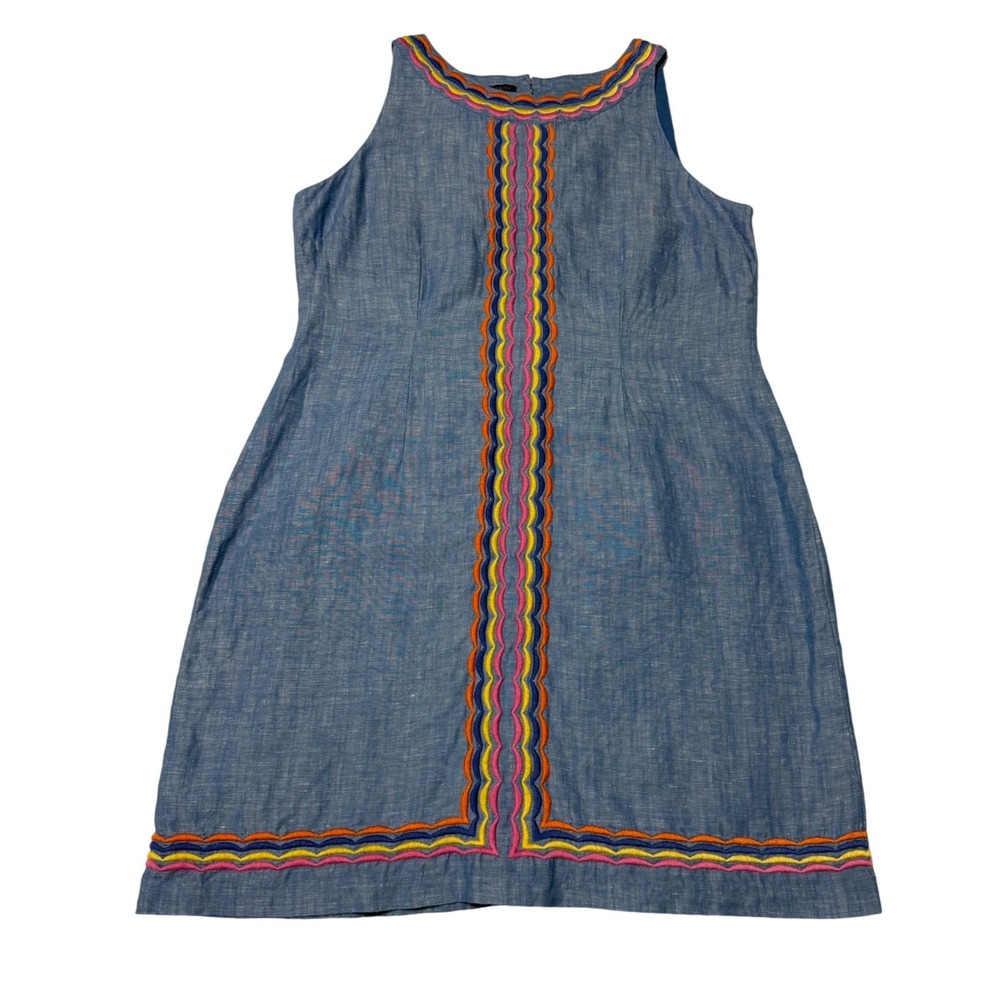 Talbots Petite 12P Blue Linen Cotton Embroidered Rickrack Shift Dress Preppy